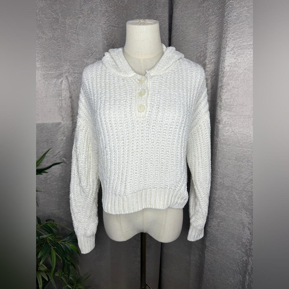 Aeropostale Women’s Half-Front Button Waffle Knit Hooded Sweater White Sz XS